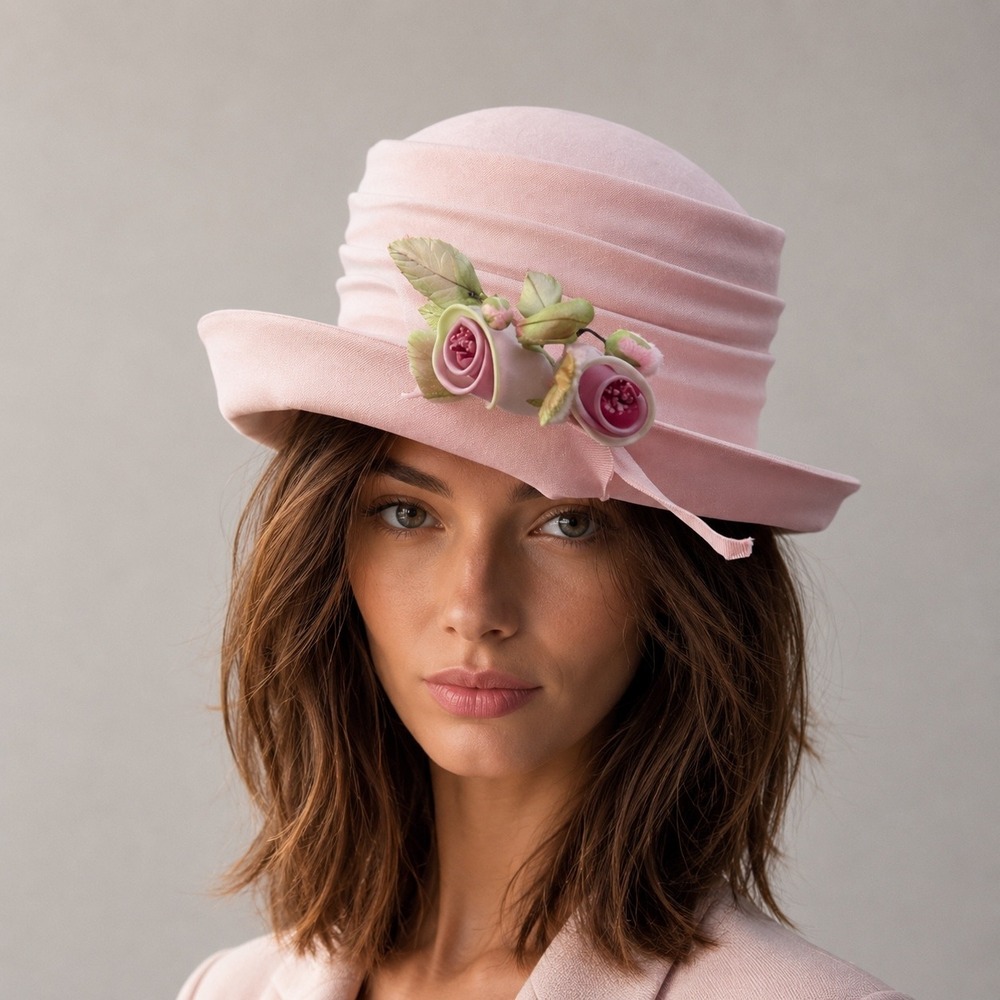 Vintage Pink Floral Pillbox Hat Pleated Formal Church‎ Wedding Derby Dress Hat